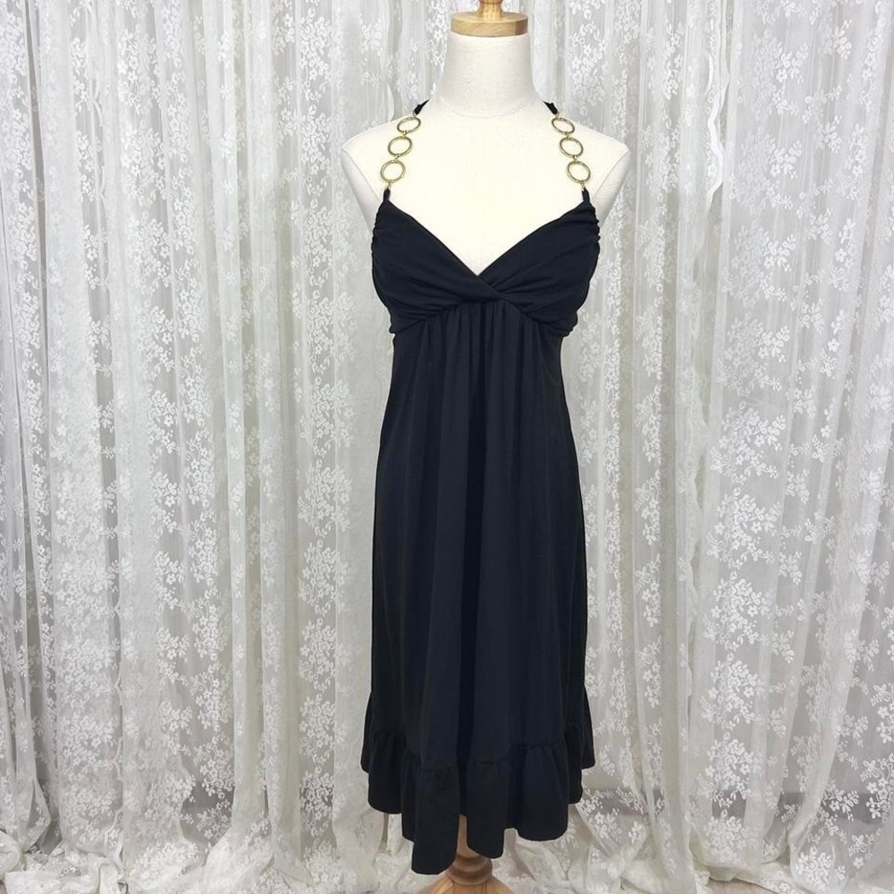 Vintage Y2K No Boundaries Black Halter Midi Dress Women's L Gold Goth Fairy